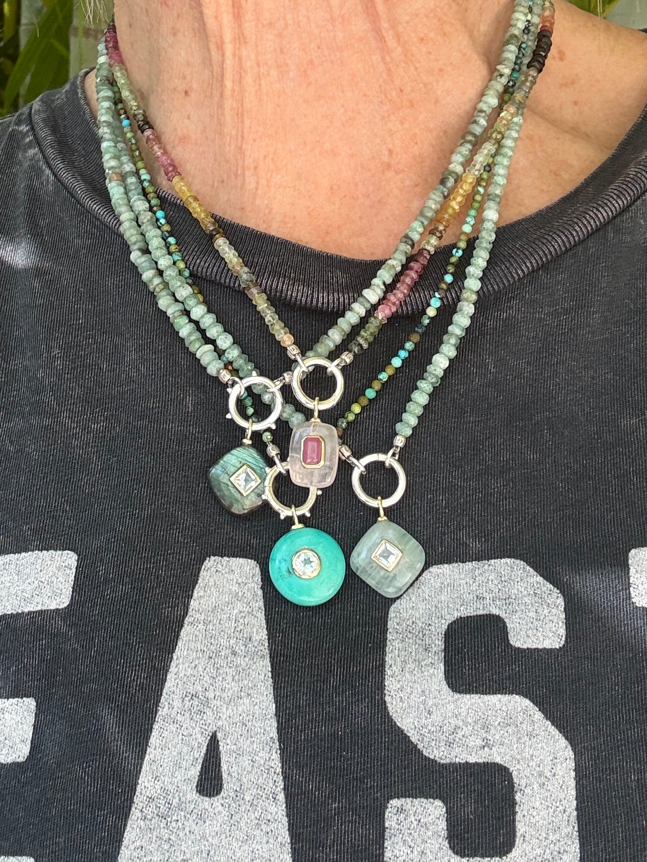 Labradorite and topaz pendant on faceted amazonite with sterling hinge clasp necklace. 17”