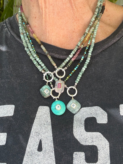 Labradorite and topaz pendant on faceted amazonite with sterling hinge clasp necklace. 17”