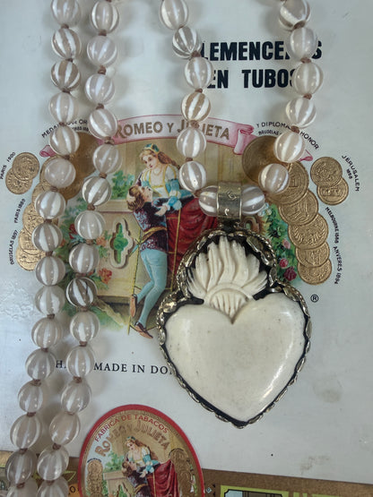 Knotted white striped agate Dzi beads long necklace with removable carved bone Tibetan flaming heart pendant. 35”