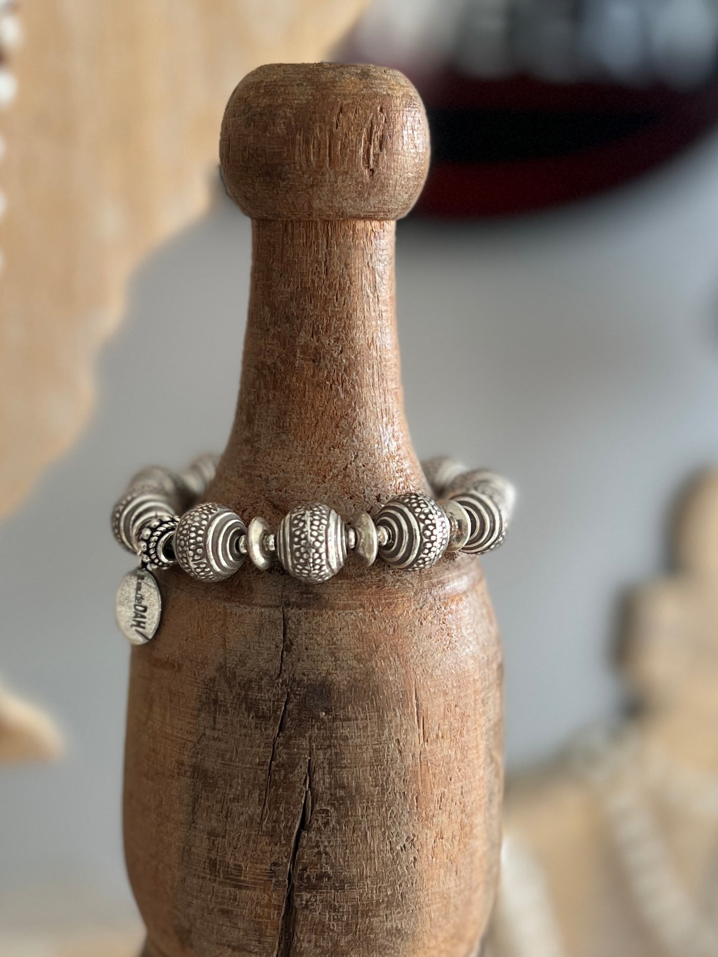 Fun, textured fine silver rounds stretch bracelet. Small (6”)