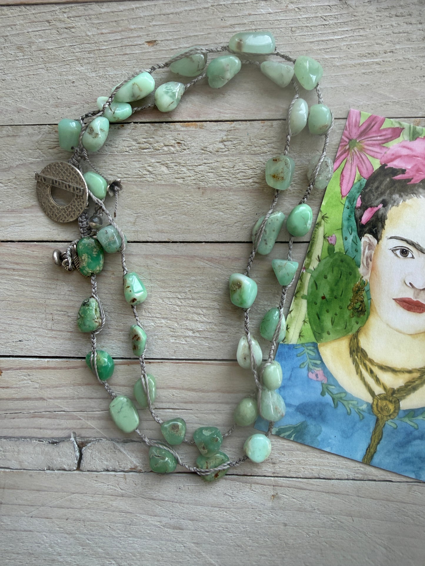 Long braided chrysoprase necklace with fine silver hammered toggle.