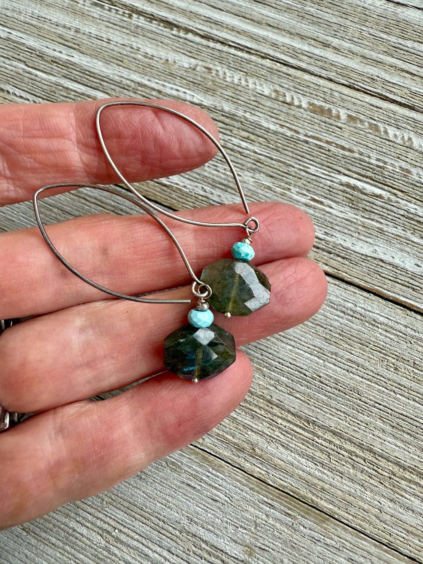 Faceted labradorite and turquoise dangle earrings on sterling ear wires.