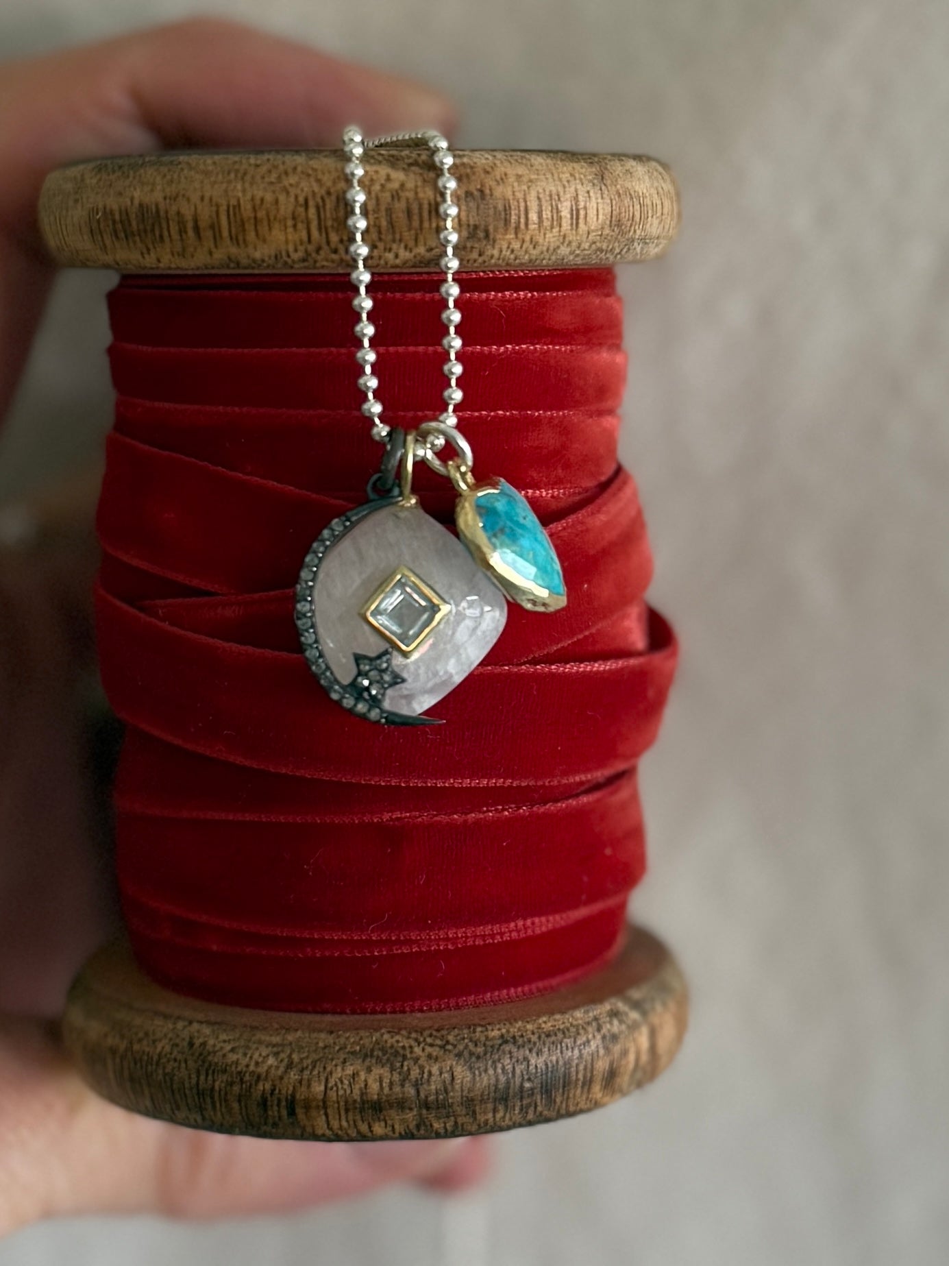 Moonstone with blue topaz, diamond moon and star, and turquoise heart on sterling ball chain short necklace. 18”