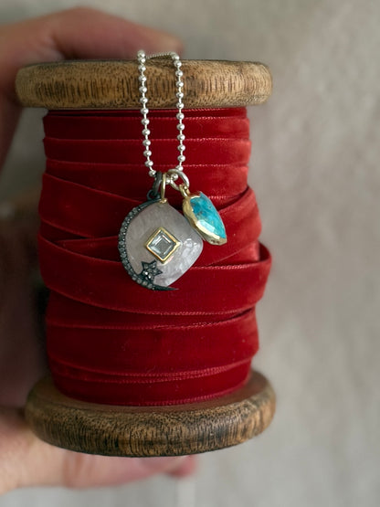 Moonstone with blue topaz, diamond moon and star, and turquoise heart on sterling ball chain short necklace. 18”