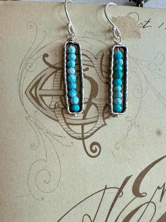 Turquoise beads inside pure silver frames. Abacus earrings.