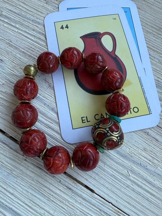 Carved broom coral beads and a vintage Tibetan coral inlaid bead stack bracelet.6-6.5”