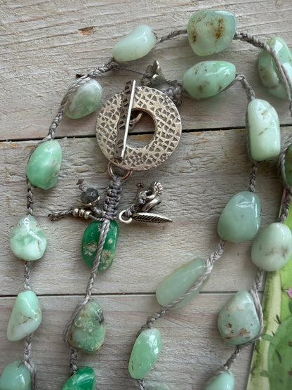 Long braided chrysoprase necklace with fine silver hammered toggle.