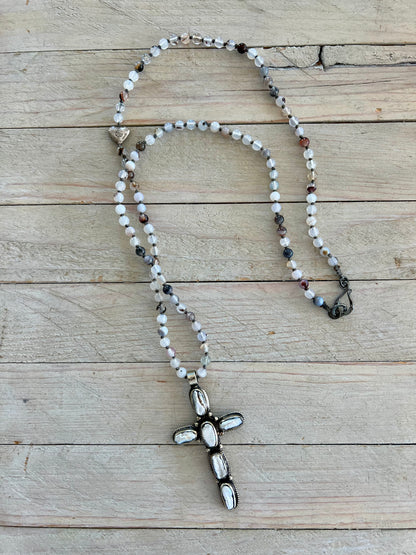 Pearl cross on knotted agates with fine silver heart accent. 44” necklace.