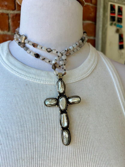 Pearl cross on knotted agates with fine silver heart accent. 44” necklace.