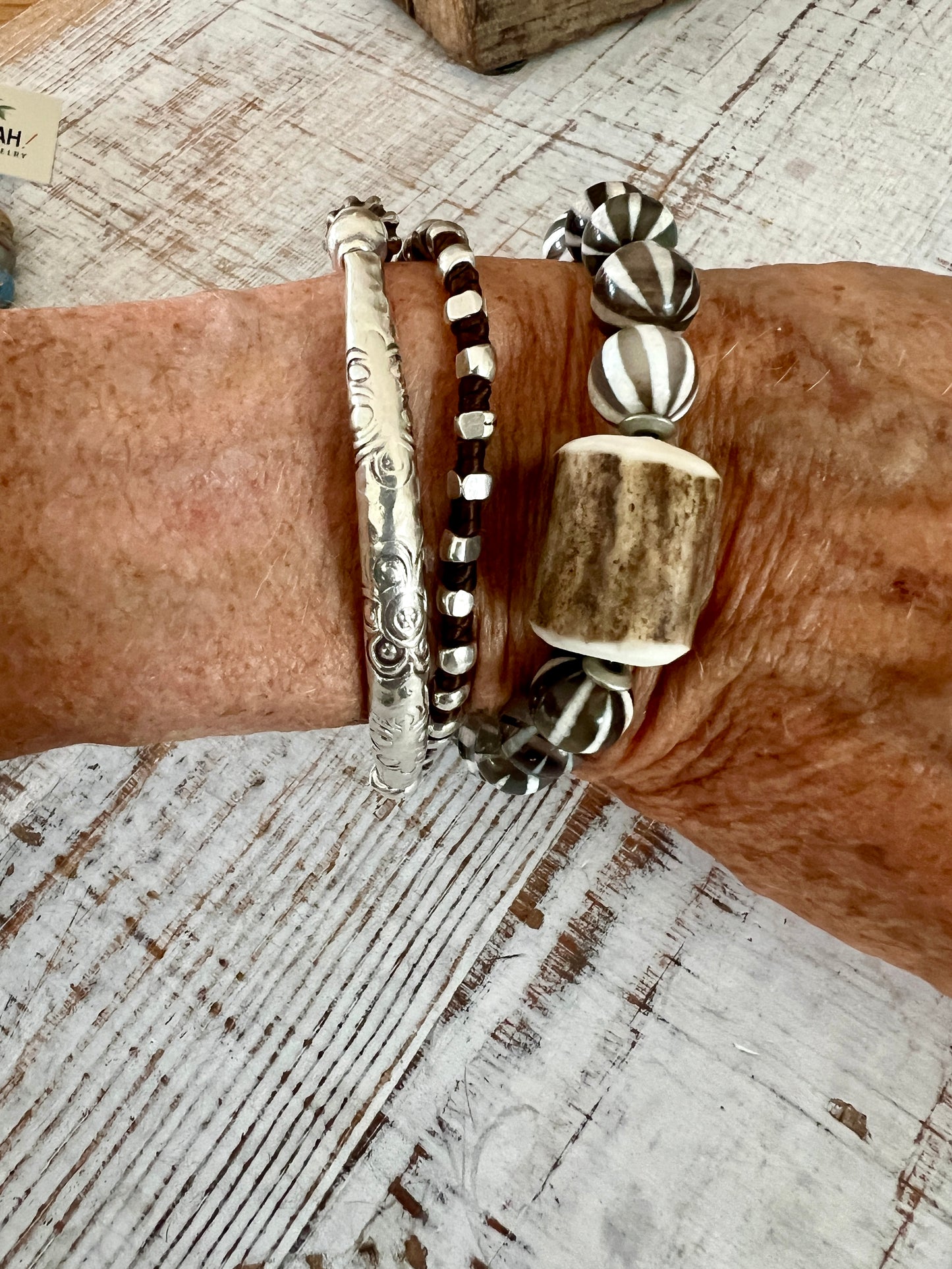 Striped neutral Dzi agates stretch stack bracelet. 6-7”.