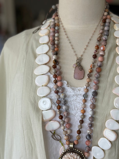 Pink druzie on rose quartz chain. Sterling peace sign and opal heart charm necklace.