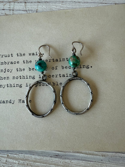 Handmade fine silver hoop earrings with turquoise