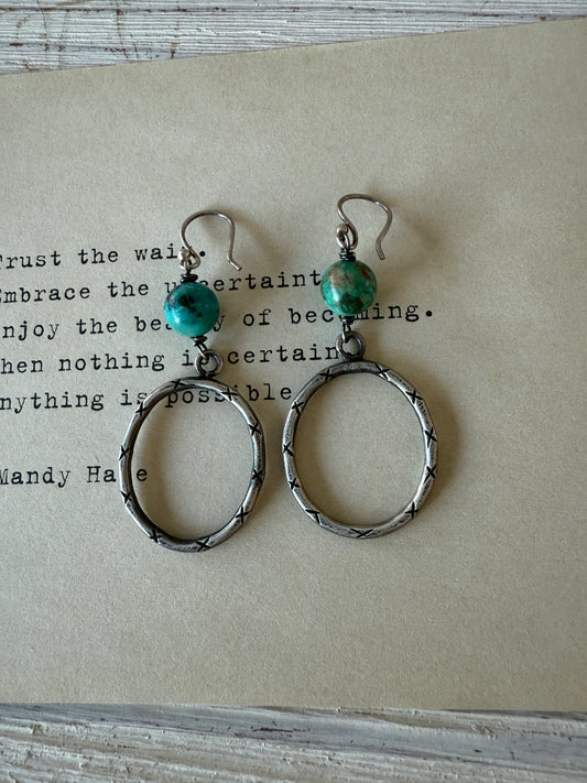 Handmade fine silver hoop earrings with turquoise