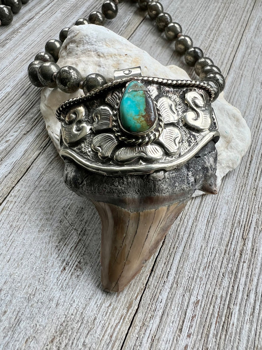 Tibetan pendant with sharks tooth and turquoise on pyrite. Long necklace.