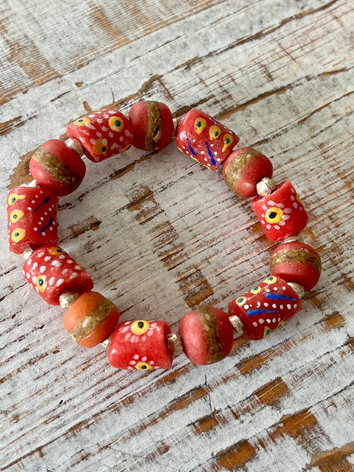 Coral krobo glass stretch stack bracelet. 7”