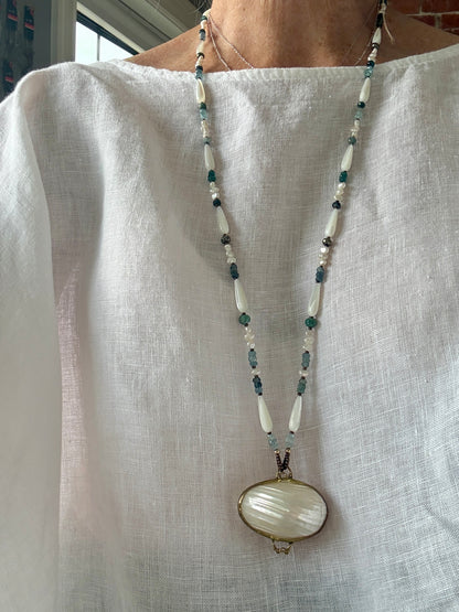 Vintage shell ring box pendant with MOP, pearls, aquamarine, apatite, and pyrite necklace.