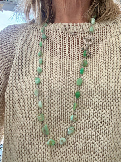 Long braided chrysoprase necklace with fine silver hammered toggle.