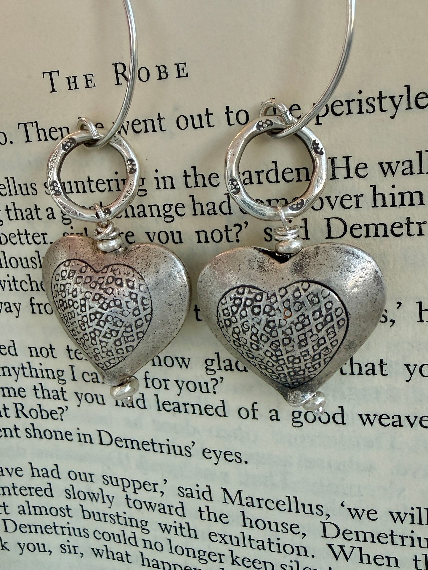 Textured fine silver heart earrings.