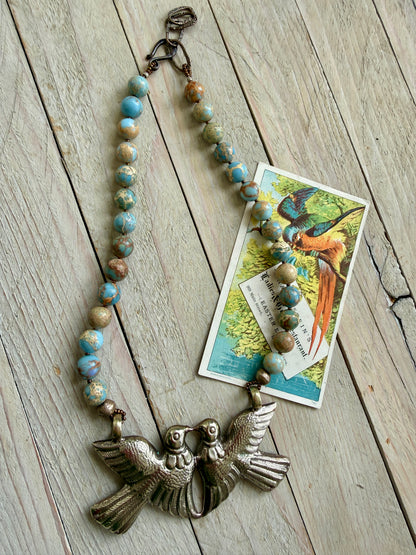 Love birds (Tibetan) on sea sediment Jasper short necklace.
