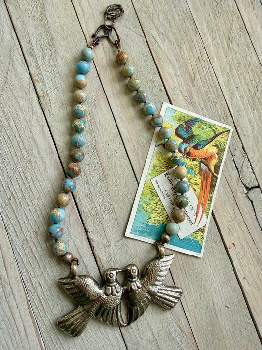 Love birds (Tibetan) on sea sediment Jasper short necklace.