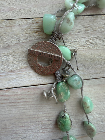 Long braided chrysoprase necklace with fine silver hammered toggle.