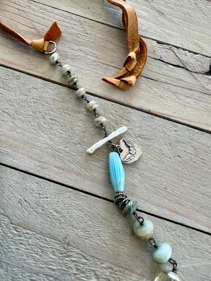 Turquoise teardrop on assorted gemstones adjustable boho luxe necklace.