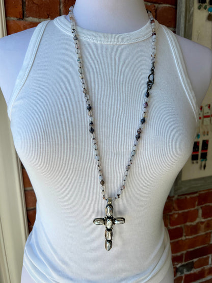 Pearl cross on knotted agates with fine silver heart accent. 44” necklace.