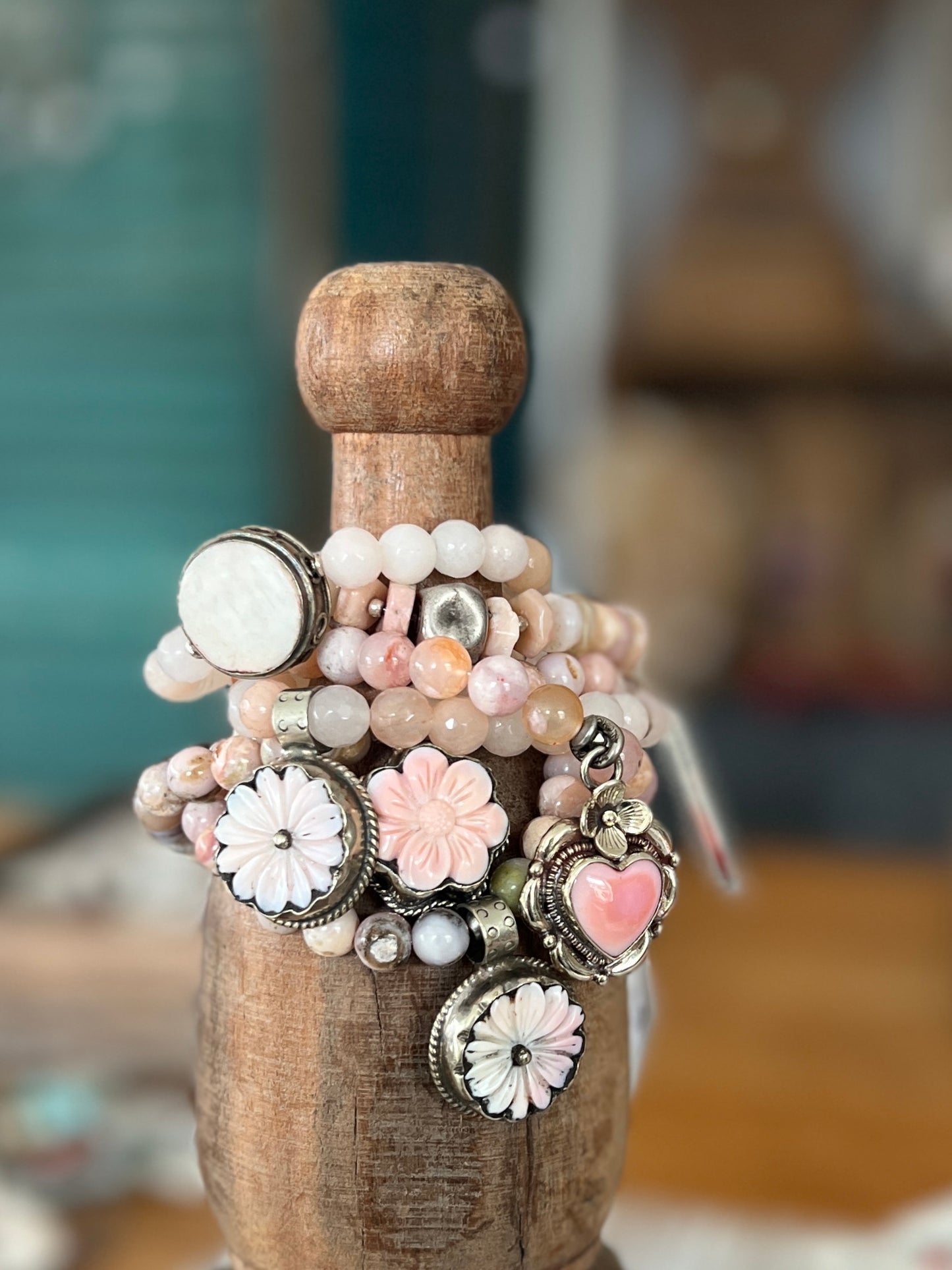 Tibetan silver Peruvian Opal heart charm on cherry blossom agates. Stretch stack bracelet. 7”.