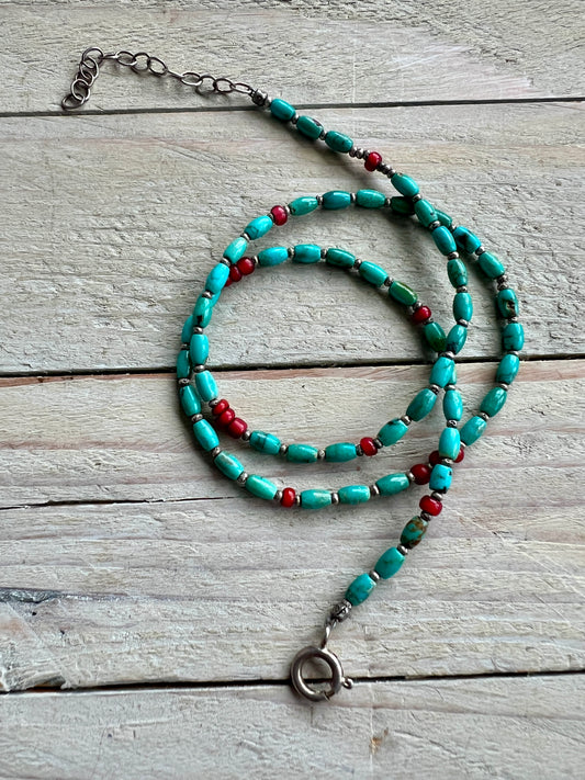 Delicate turquoise and white heart (red) trade beads necklace. 17-18.5”.