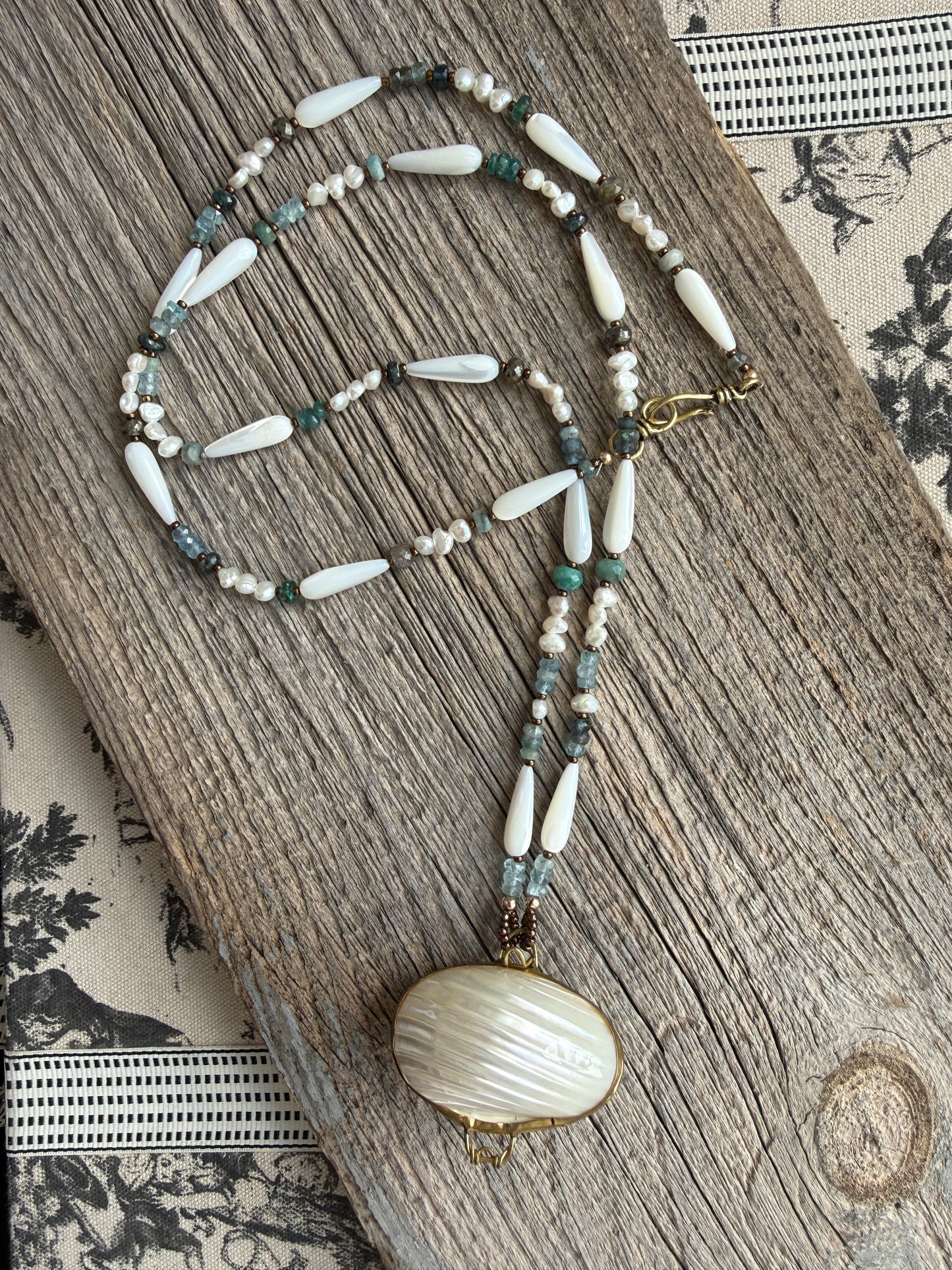 Vintage shell ring box pendant with MOP, pearls, aquamarine, apatite, and pyrite necklace.