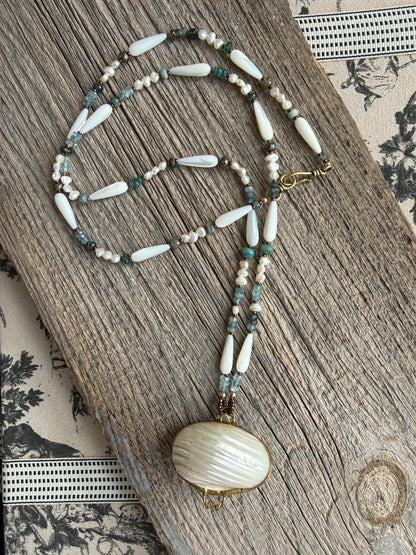 Vintage shell ring box pendant with MOP, pearls, aquamarine, apatite, and pyrite necklace.
