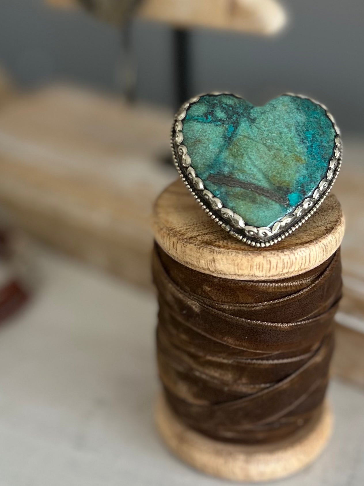 Large Tibetan turquoise heart ring. Adjustable.