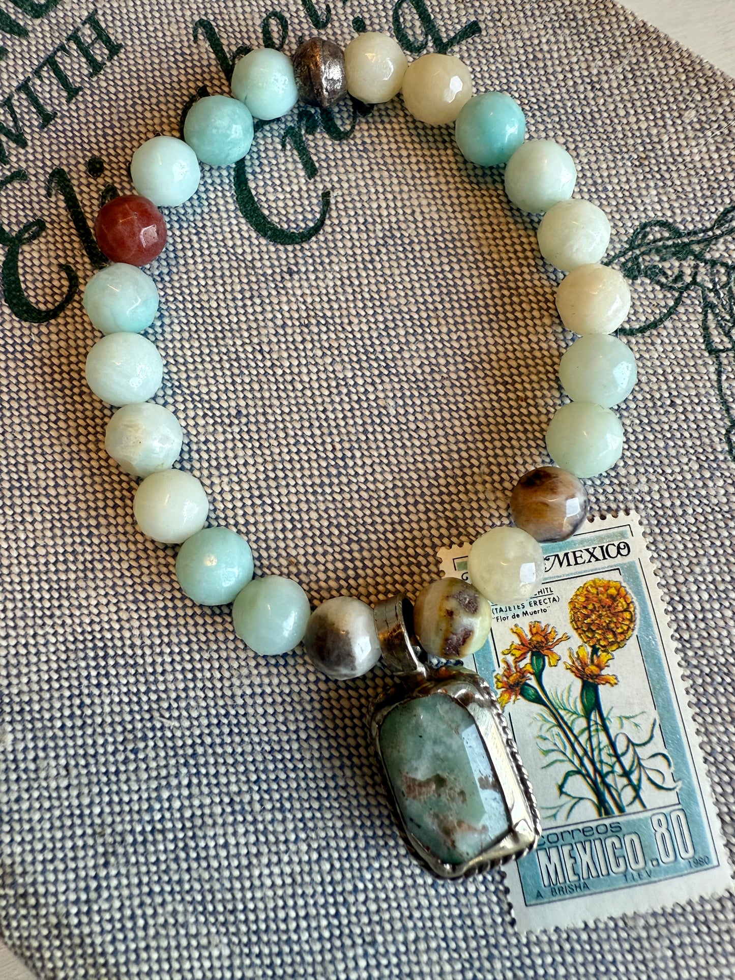 Faceted Amazonite beads with an Amazonite dangle stack bracelet. 6.5”