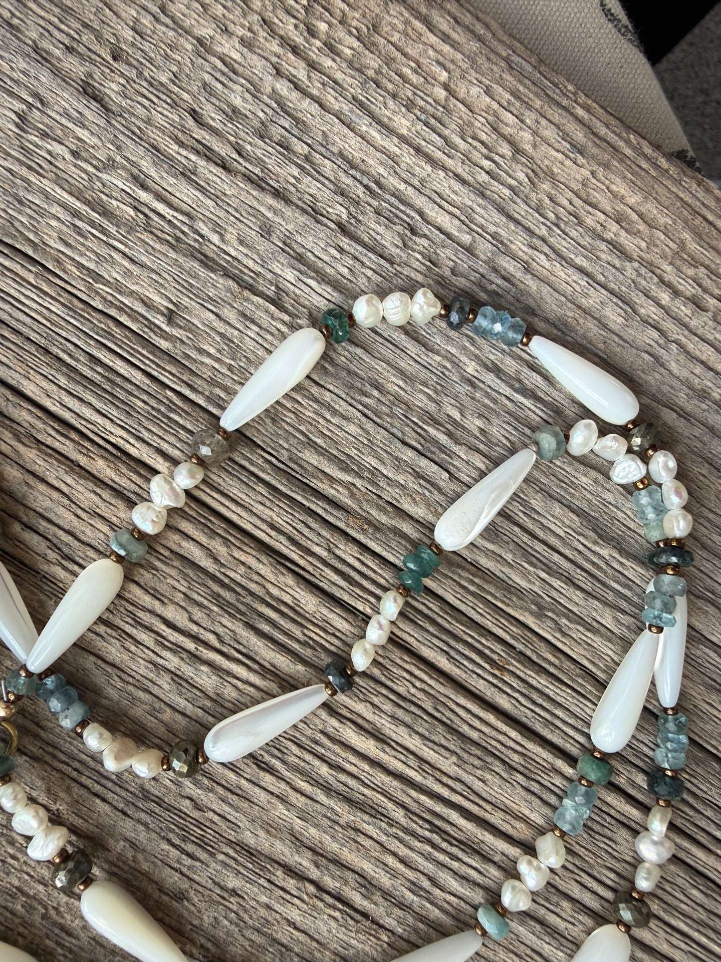 Vintage shell ring box pendant with MOP, pearls, aquamarine, apatite, and pyrite necklace.