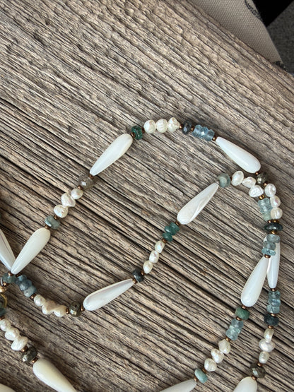 Vintage shell ring box pendant with MOP, pearls, aquamarine, apatite, and pyrite necklace.