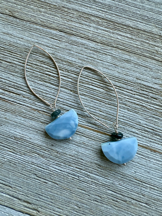 African Opal half moon and iolite earrings. Sterling earwire.