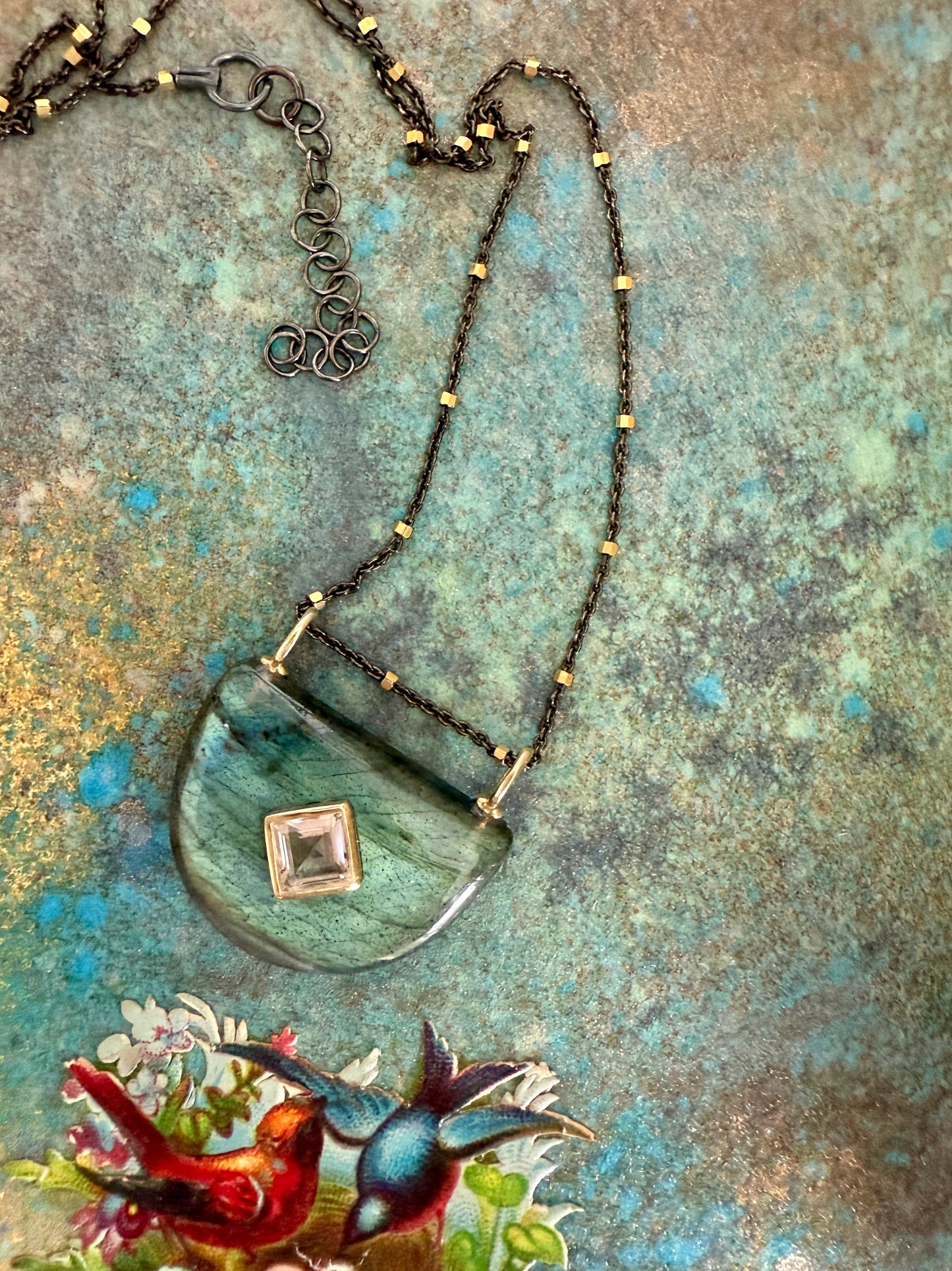 Labradorite half moon pendant with topaz on vermeil and sterling chain. 15.25-16.75”.