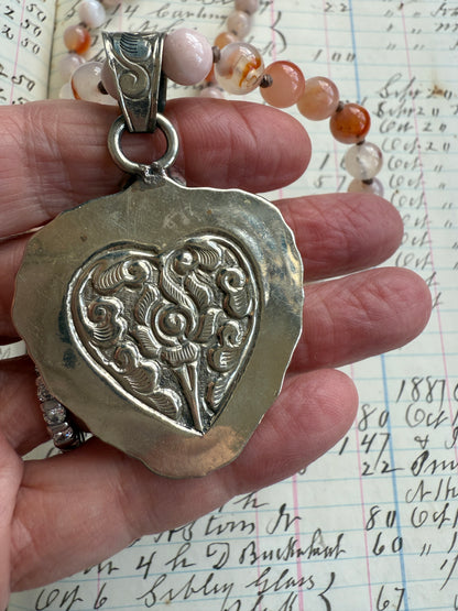 Cherry blossom agates hand knotted necklace with Peruvian Opal Tibetan heart pendant. 32.5-35.5”.