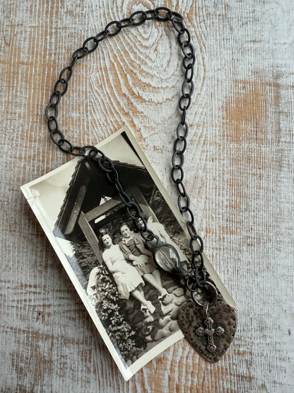 Sterling silver heart with cross pendant on oxidized sterling chain with soldered crystal connector necklace. 17”