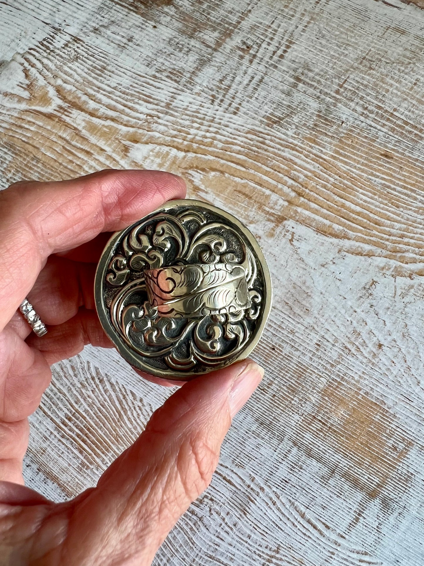 Large carved bone Tibetan ring. Adjustable.