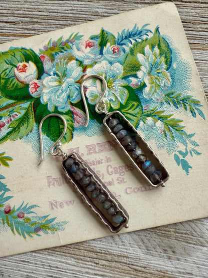 Labradorite in fine silver frames on fine silver ear wires. Earrings.