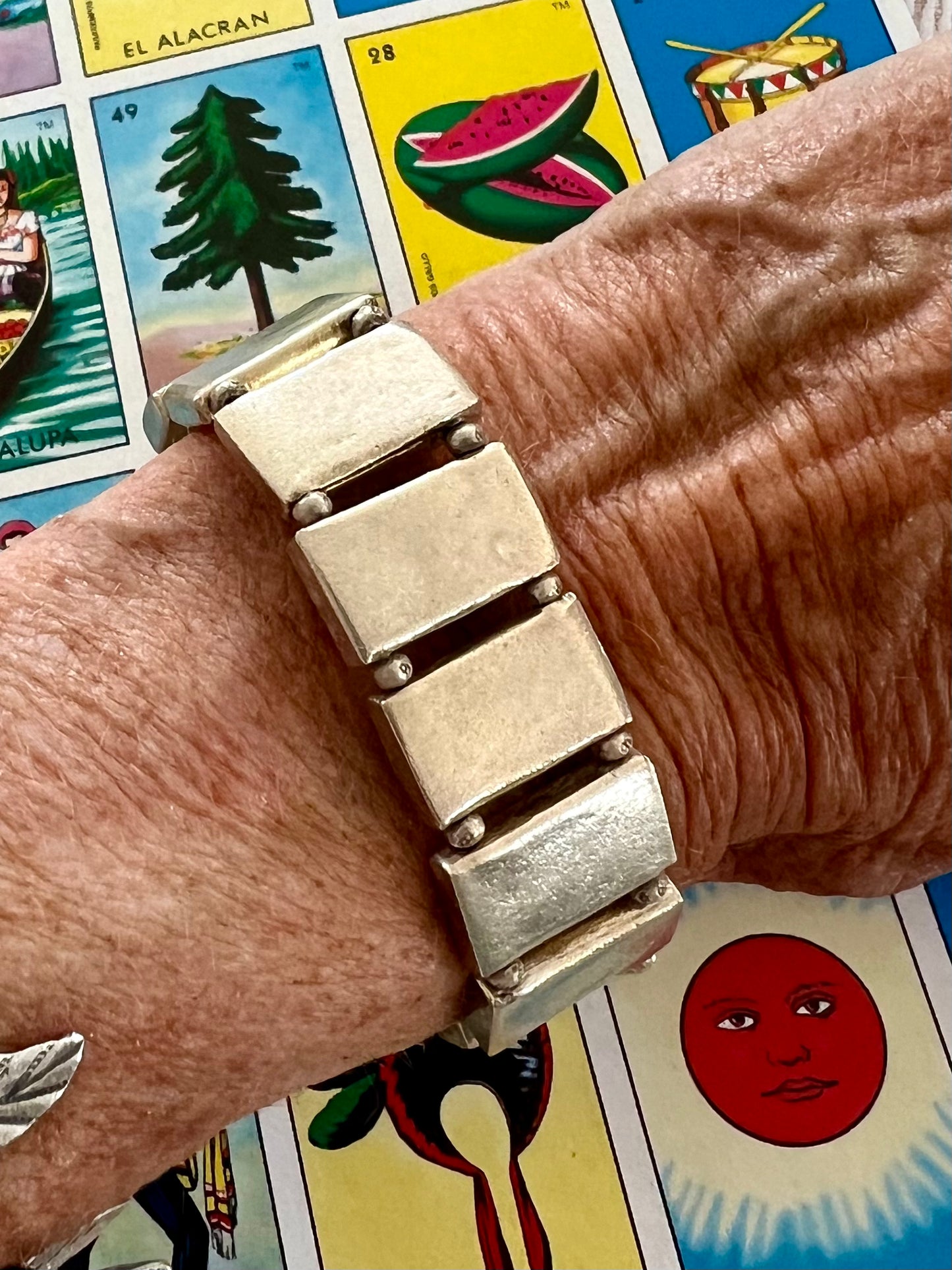 Rectangular fine silver block bracelet.