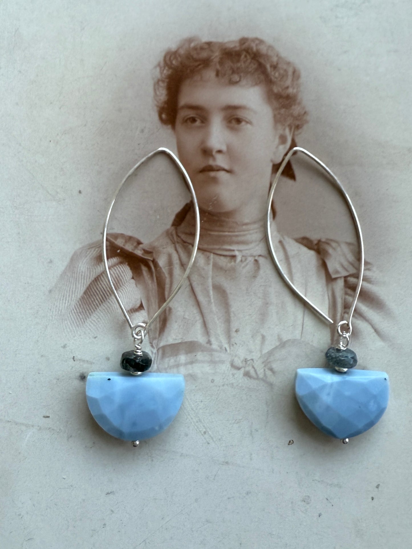 African Opal half moon and iolite earrings. Sterling earwire.