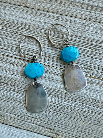 Faceted turquoise on sterling silver paddles earrings. Pure silver ear wires.