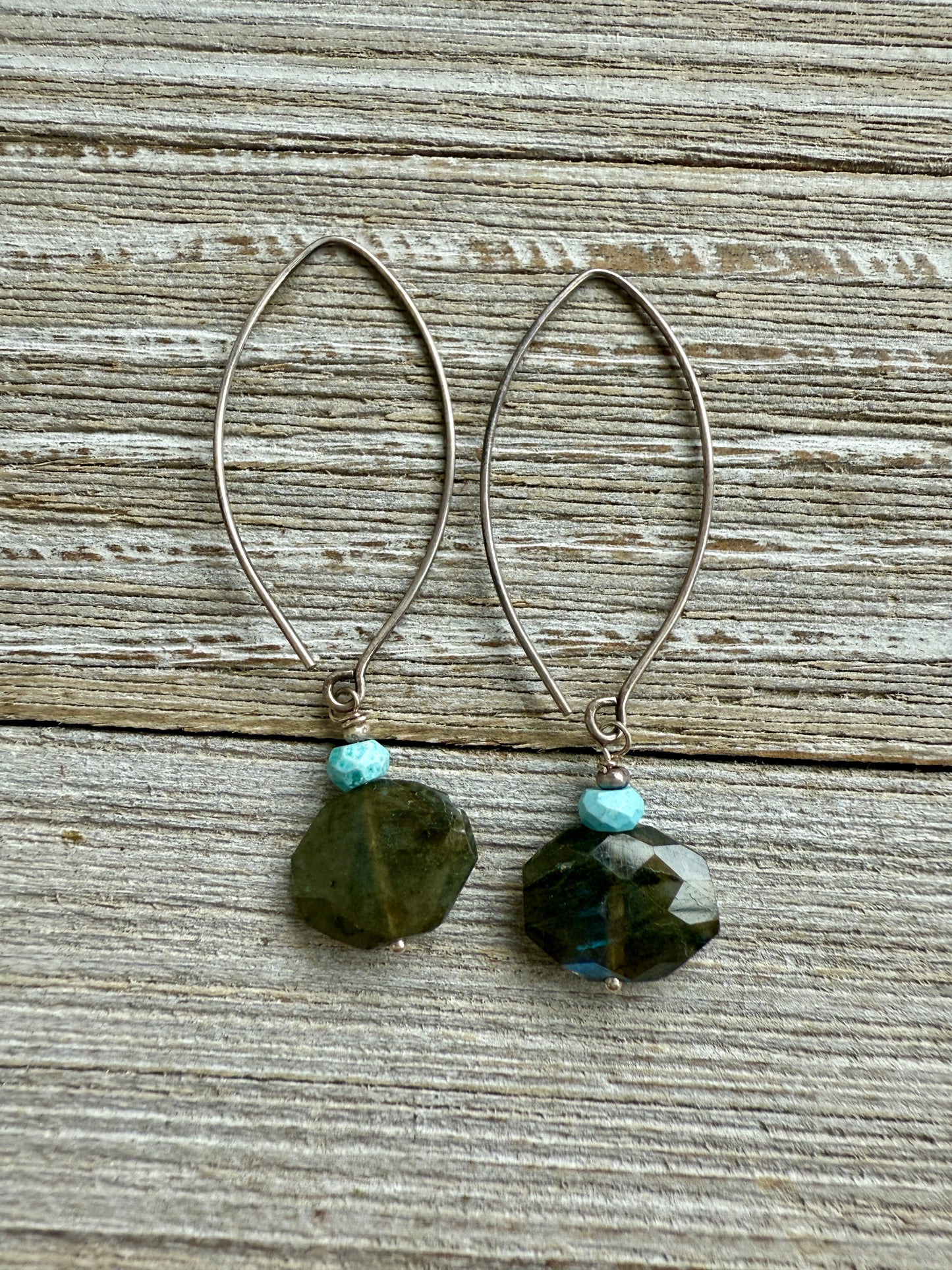 Faceted labradorite and turquoise dangle earrings on sterling ear wires.