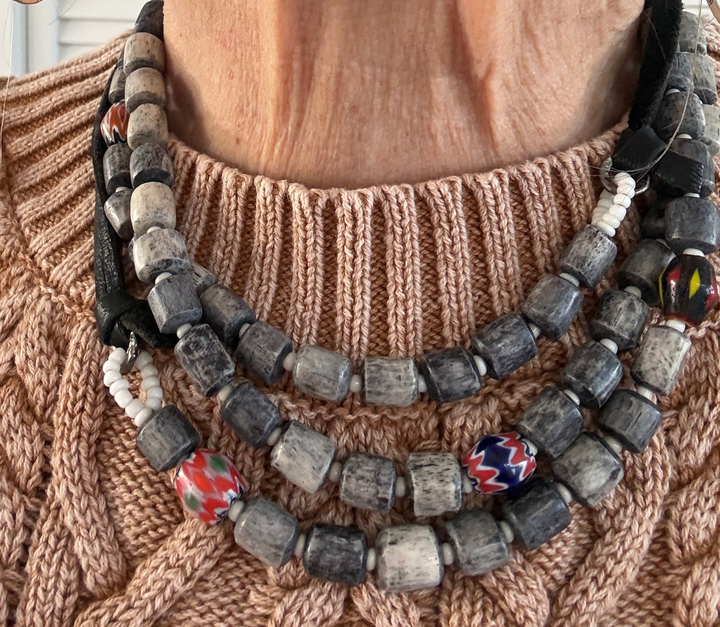 Dark grey barrel beads with colorful trade beads adjustable long necklace.