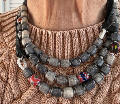 Dark grey barrel beads with colorful trade beads adjustable long necklace.