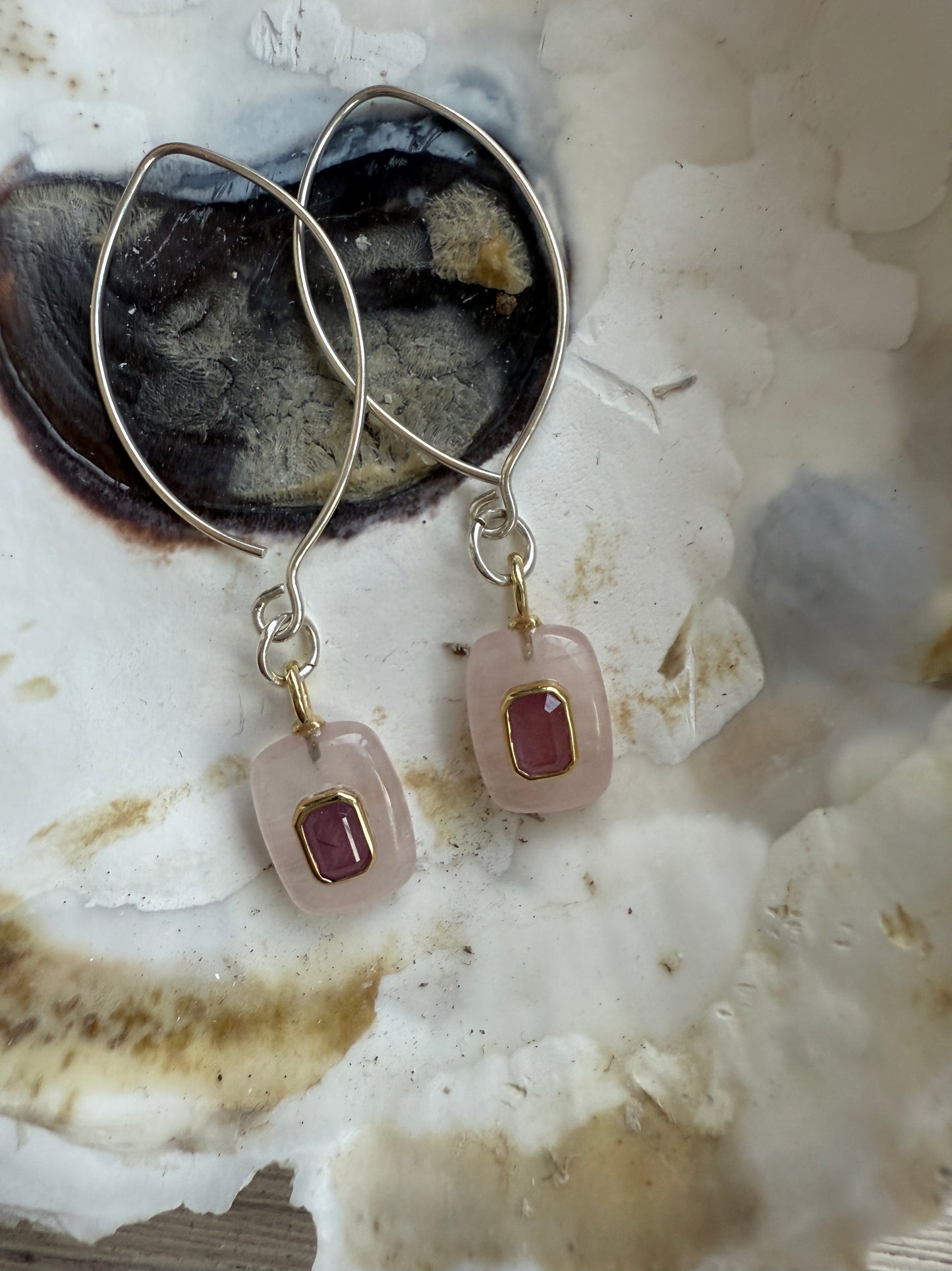 Rose quartz with pink topaz inlay on sterling earrings.