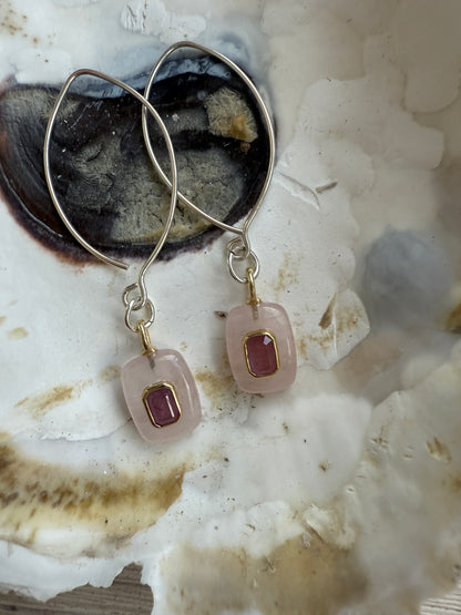 Rose quartz with pink topaz inlay on sterling earrings.