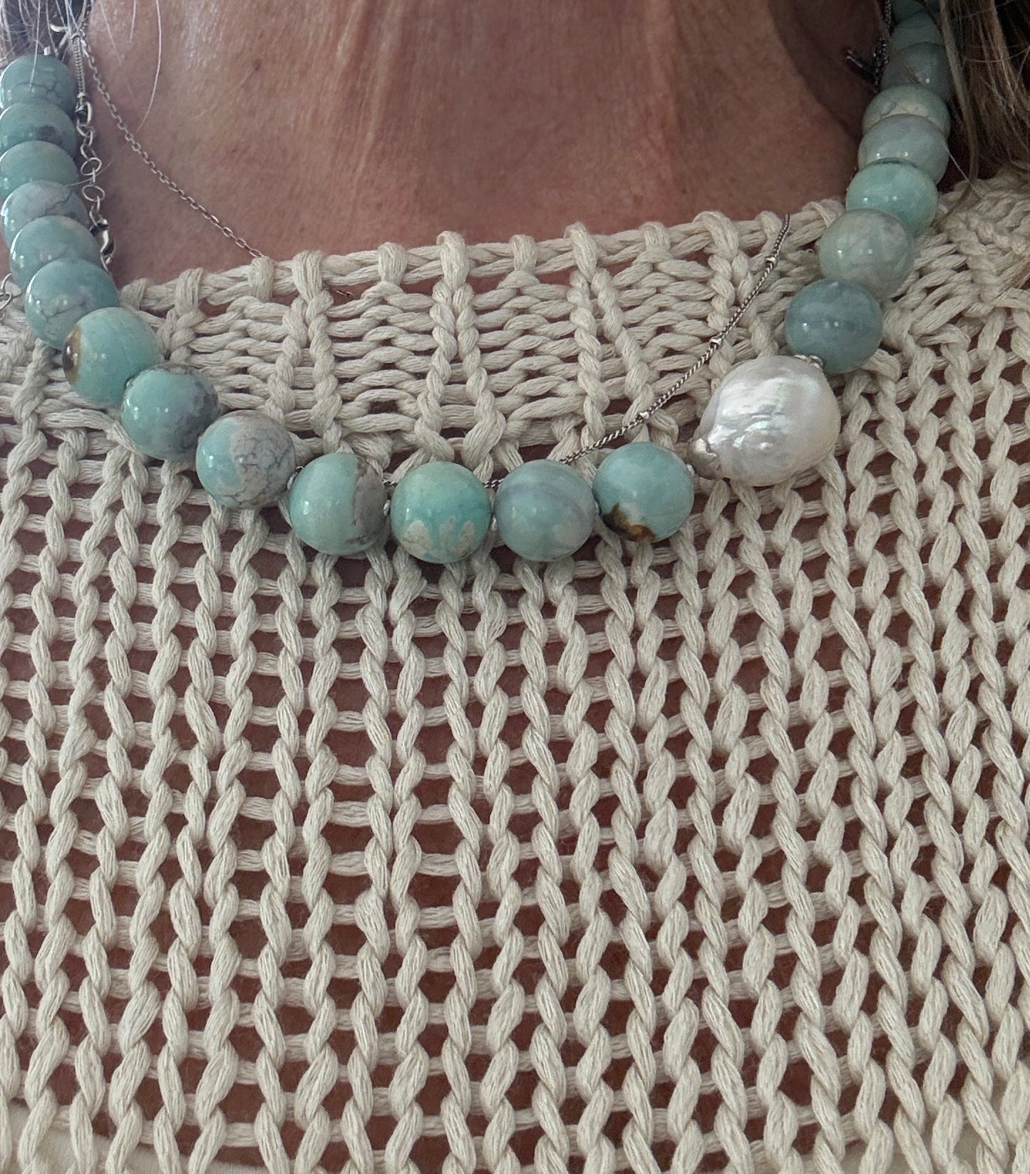 Dragonskin agates with baroque pearl short necklace.